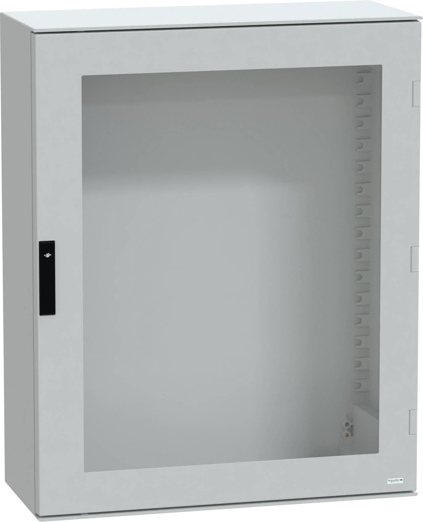 Un armadietto grigio da parete con porta anteriore trasparente che mostra staffe di montaggio interne, idoneo per organizzare attrezzature elettroniche.