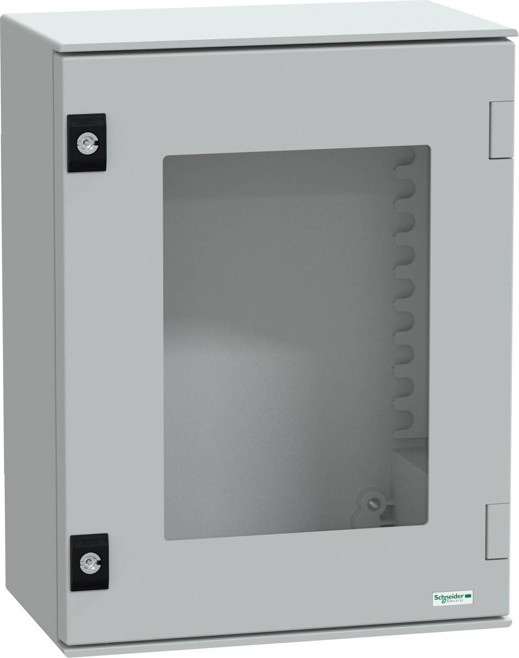 Armadio da parete grigio verniciato con finestra trasparente e meccanismo di chiusura nero, idoneo per la protezione di impianti elettrici.
