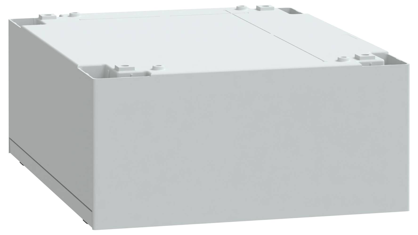 Una scatola rettangolare grigia liscia, probabilmente un contenitore per lo stoccaggio o un involucro elettronico, con una superficie esterna uniforme e lievi rientranze sulla parte superiore.