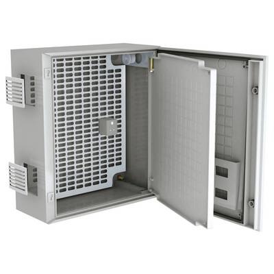 Un involucro metallico aperto con una struttura interna a griglia e lati ventilati, utilizzato per ospitare componenti elettronici.