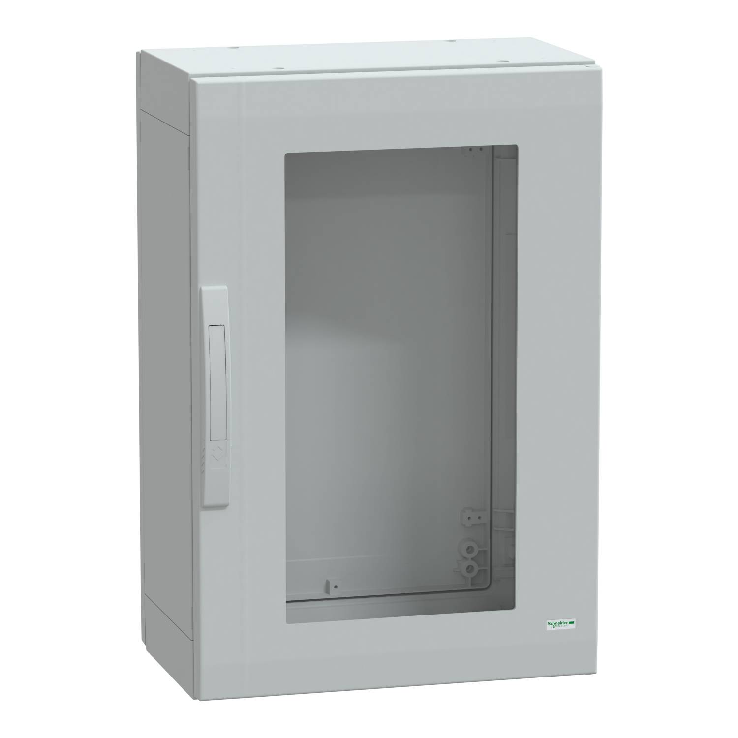 Scatola da parete bianca e vuota con ampia porta trasparente e maniglia laterale, idonea per installazioni elettriche.