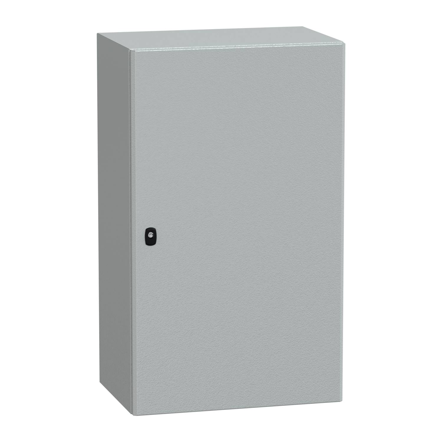Armadio metallico con porta e maniglia nera, in piedi su sfondo bianco.