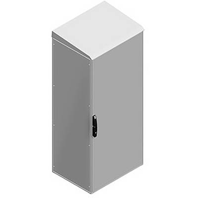 Armadio elettrico in metallo verniciato grigio con maniglia nera, chiuso.
