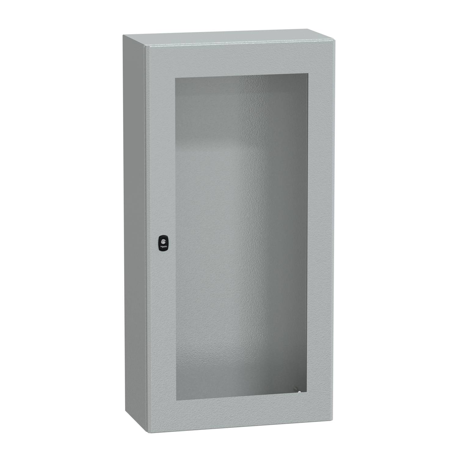 Armadio metallico grigio rettangolare con porta in vetro e piccolo lucchetto.
