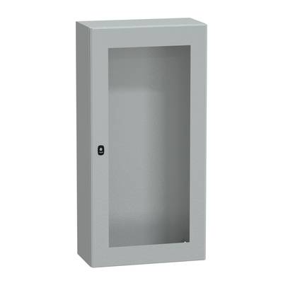 Armadio metallico grigio rettangolare con porta in vetro e piccolo lucchetto.