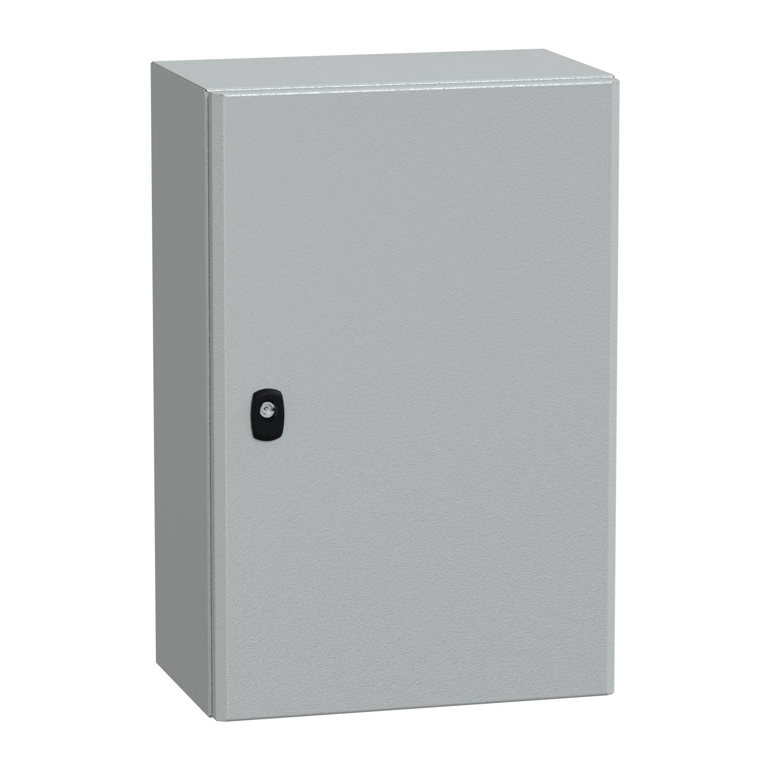 Un armadio metallico grigio con un'anta e una maniglia laterale, adatto per conservare apparecchiature elettriche o utensili.