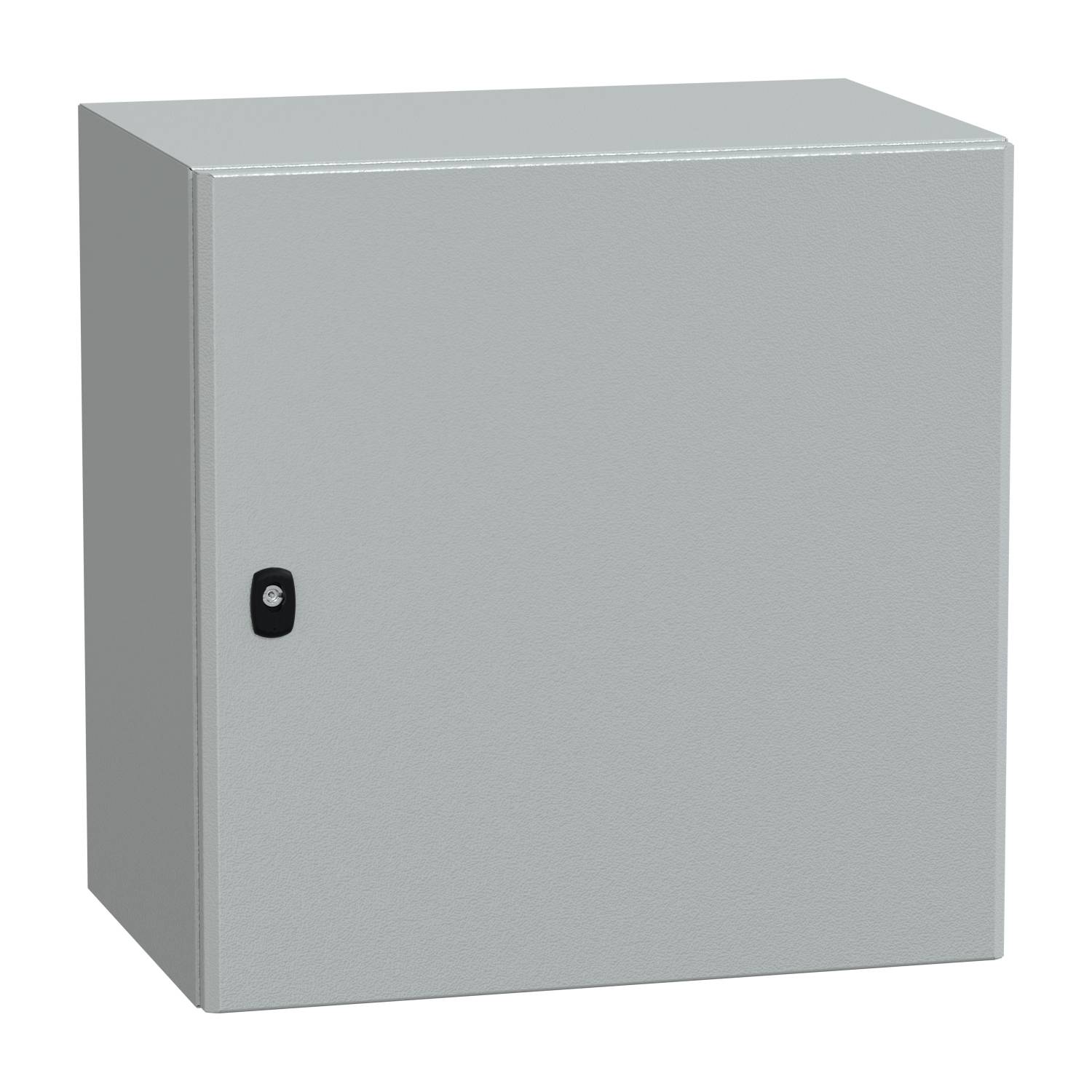 Un armadio metallico grigio rettangolare con un'apertura di porta nera, su uno sfondo bianco.