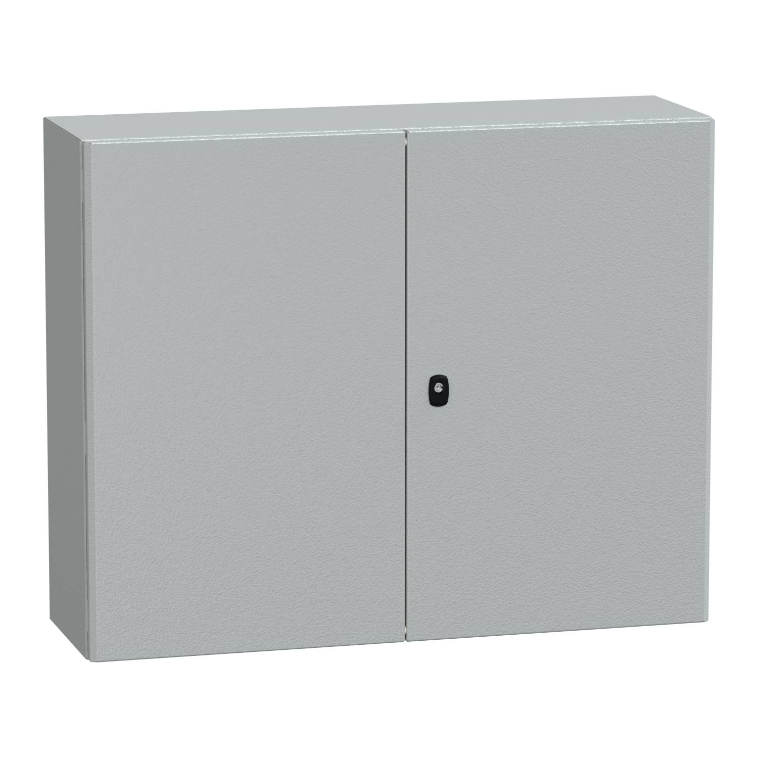 Un armadio grigio metallizzato con due ante e un lucchetto centrale.