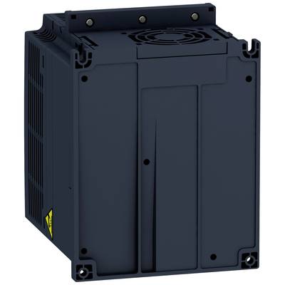 Dispositivo elettronico nero con alette di raffreddamento, ventola in alto e simbolo di avvertenza giallo sul lato. Probabilmente un convertitore di frequenza.