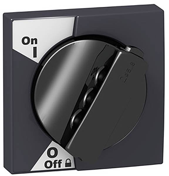 Un interruttore rotondo con etichetta 'On/Off'. La leva è posizionata su 'Off'. Sfondo e leva sono grigio scuro.