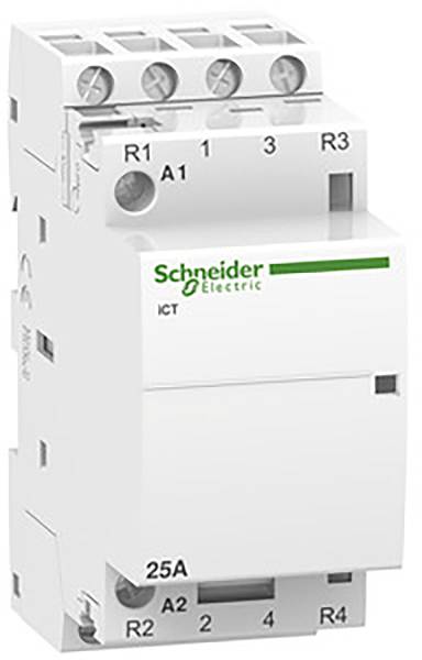 Un contattore elettrico bianco del marchio Schneider Electric con etichette per i morsetti: R1, R2, R3, R4, A1, A2 e 25A.
