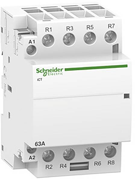 Un interruttore elettrico bianco di potenza Schneider Electric con più connessioni in alto e in basso, contrassegnato con A1, A2, R1-R8.