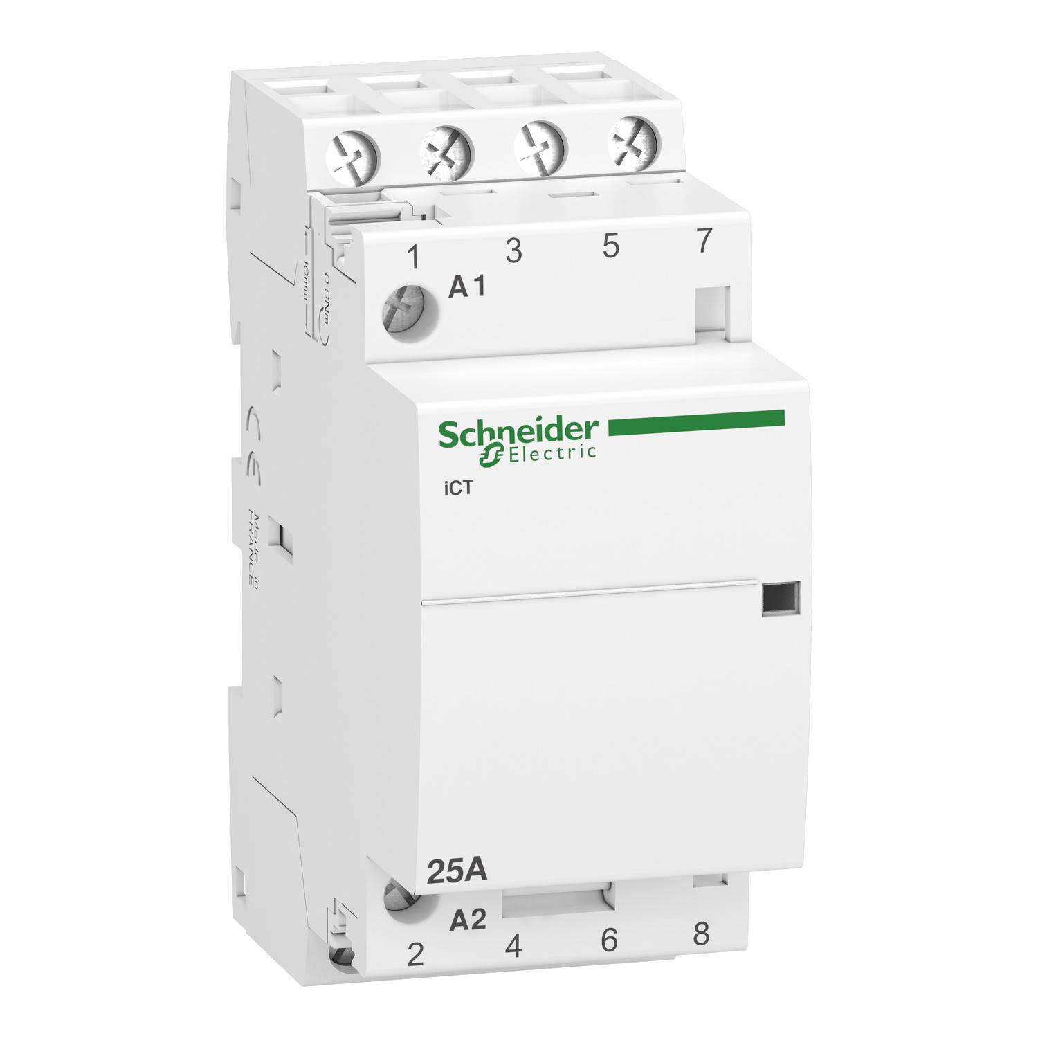 Un interruttore elettrico bianco da 25A di Schneider Electric modello 'iCT 25A'. Parte superiore con morsetti di collegamento visibili.