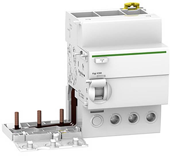 Un interruttore elettrico di potenza in bianco con una striscia verde, che mostra i morsetti e i pulsanti di comando. Utilizzato per la protezione dei circuiti elettrici.