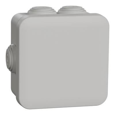 Un involucro quadrato grigio in plastica con angoli arrotondati e due tappi di chiusura laterali sulla parte superiore.