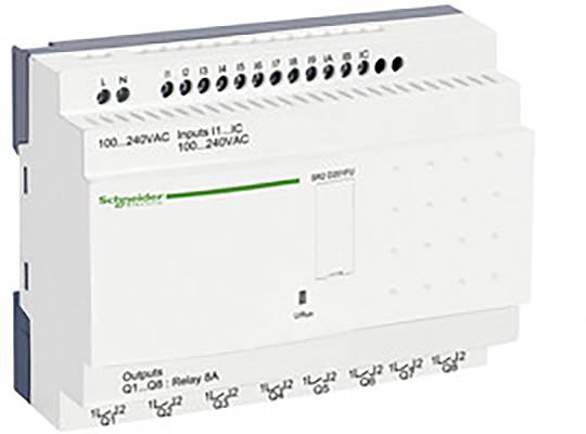 Un dispositivo elettrico bianco con più connessioni e un interruttore, contrassegnato con 'Schneider Electric'.