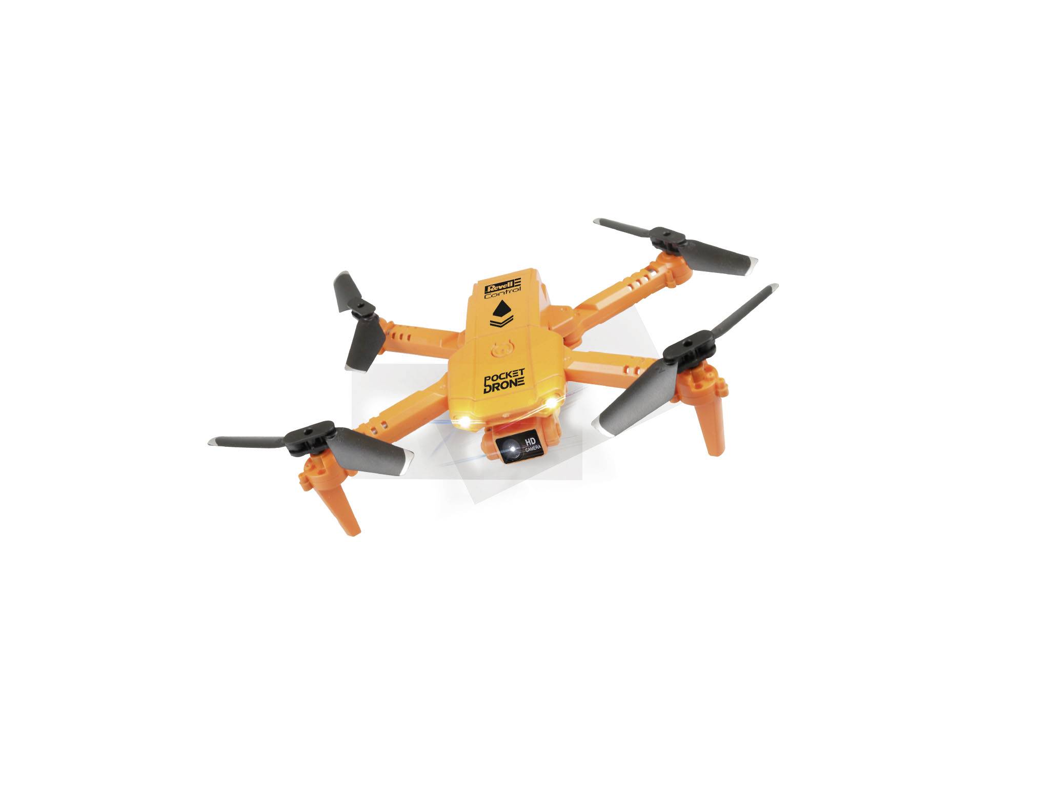 Un drone arancione con quattro eliche e una fotocamera anteriore aleggia in aria, pronto per essere utilizzato.