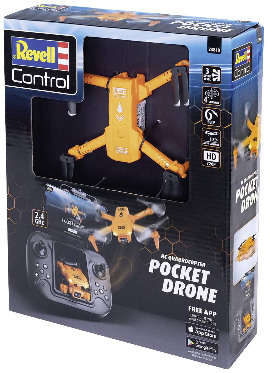 Confezione del giocattolo: Quadricottero RC 'Pocket Drone' di Revell, arancione, da 3+ anni, incluso telecomando con 2.4 GHz.