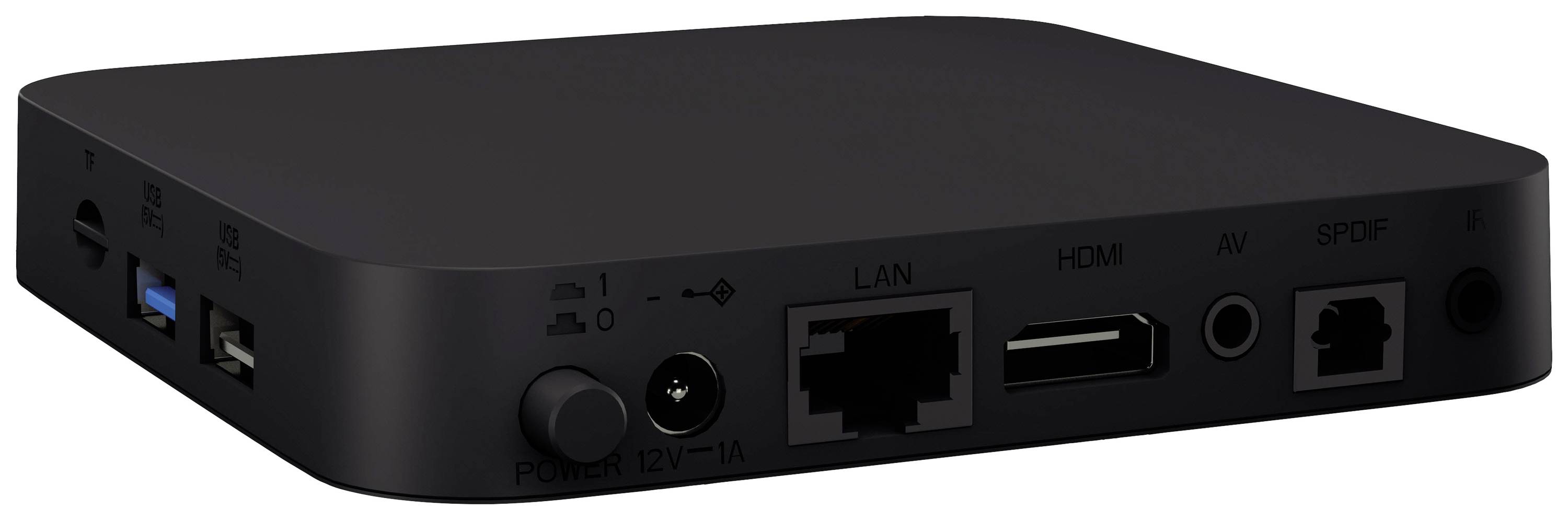 Una box multimediale compatta nera con diverse porte di connessione: USB, LAN, HDMI, AV, SPDIF e porta di alimentazione.