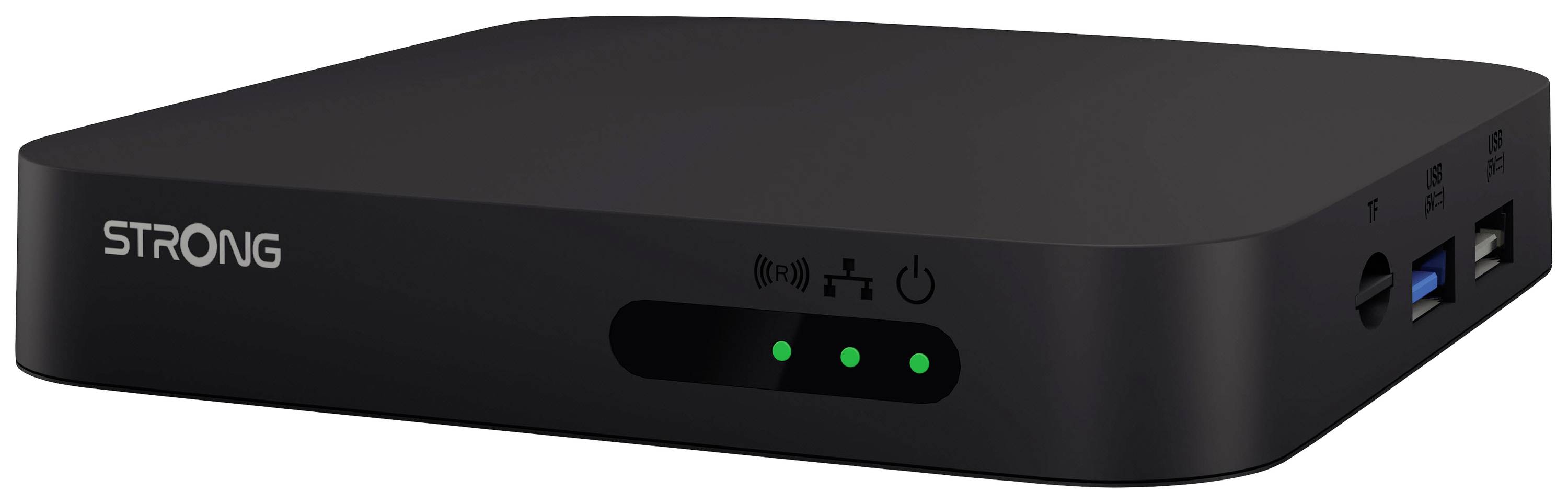 Box TV nera con logo del marchio, tre spie di controllo verdi sul lato anteriore e connessioni sul lato.
