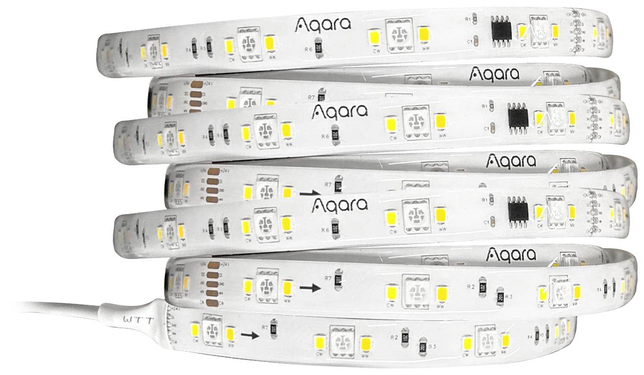 Una striscia LED Smart arrotolata con nome del marchio, che mostra diversi LED illuminati e componenti tecniche.