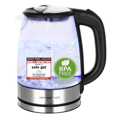 Bollitore con design in vetro, porta l'acqua a ebollizione. Etichetta: 'molto buono'. Privo di BPA.