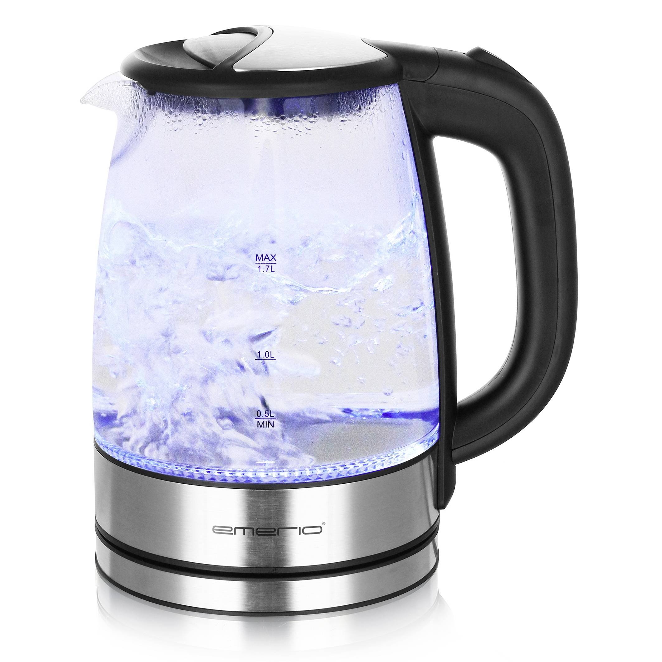 'Bollitore in vetro con manico nero e luce blu, l'acqua bolle nel contenitore.'