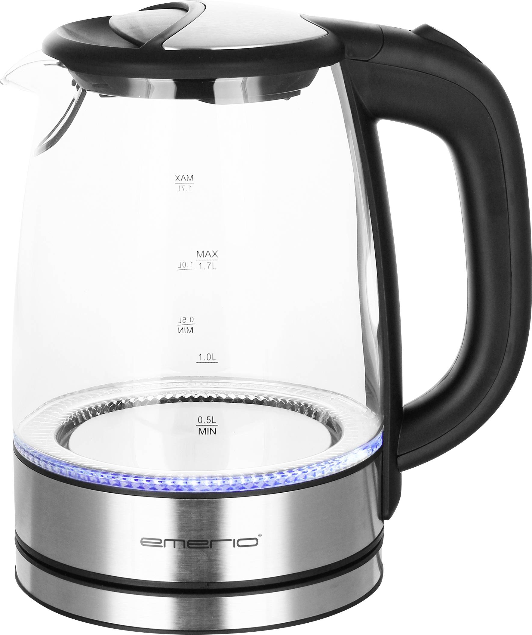Bollitore in vetro con manico nero e base in acciaio inox, illuminato con luce LED blu. Scala graduata visibile fino a 1,7 litri.