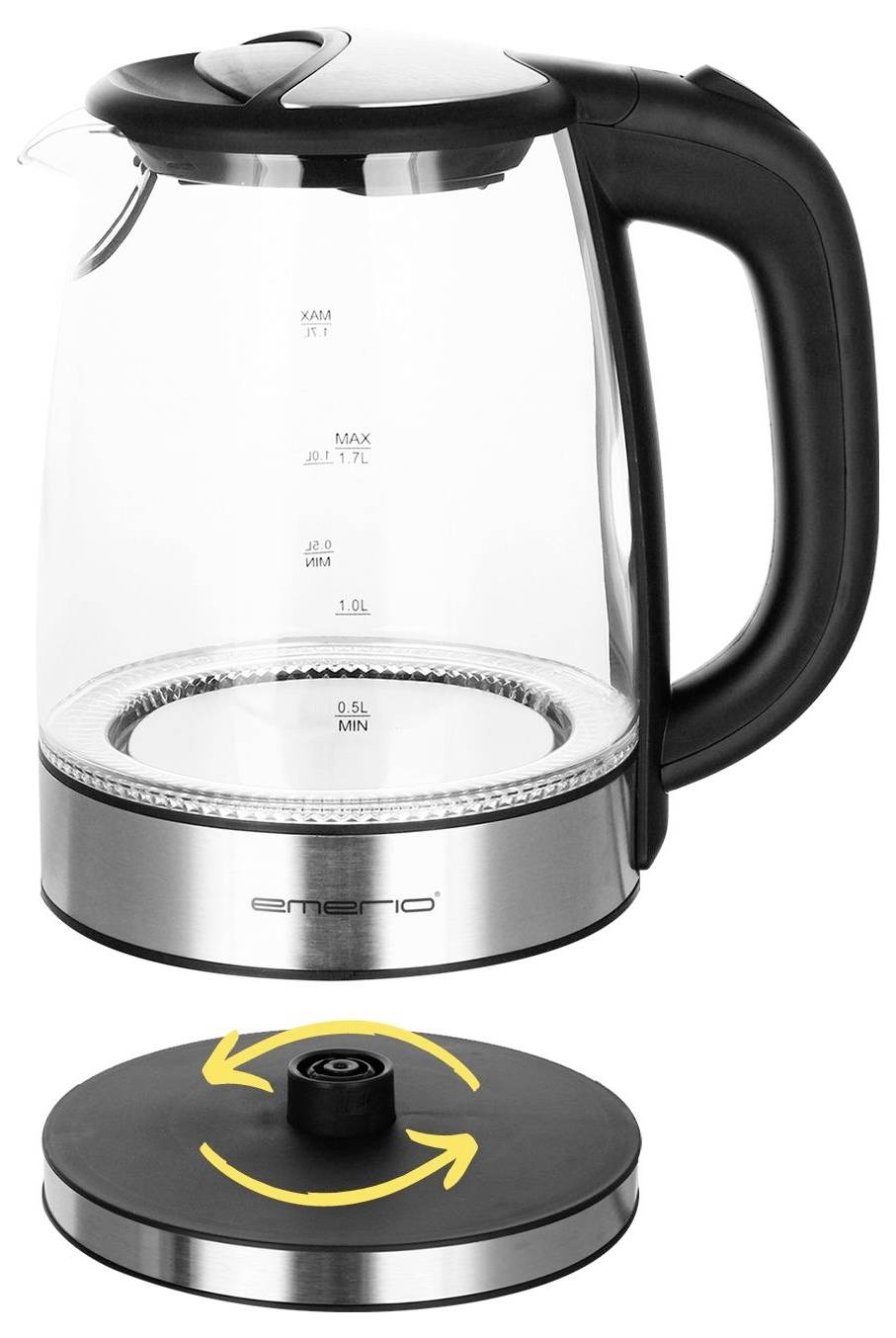 Bollitore trasparente con manico nero e base, con indicatore del livello dell'acqua e base removibile con schema di rotazione.