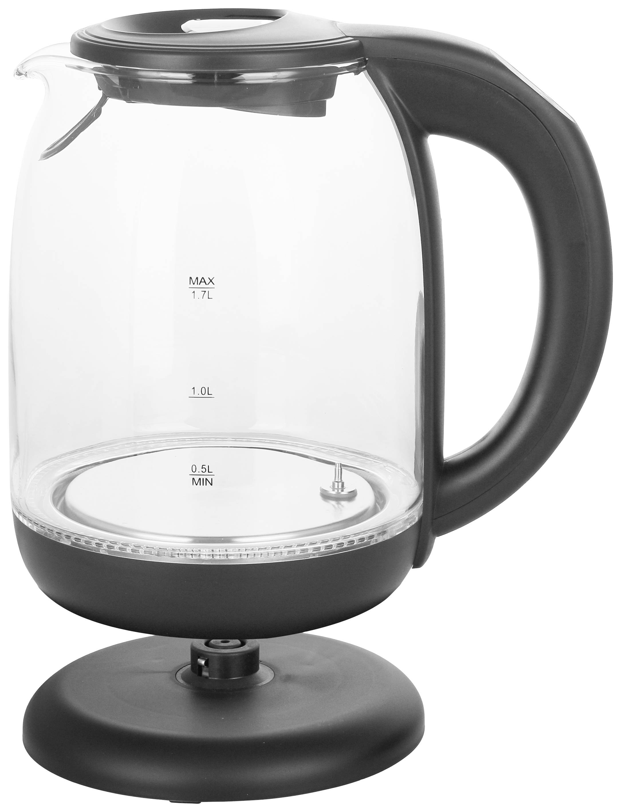 Bollitore elettrico in vetro con manico e coperchio neri, con capacità fino a 1,7 litri.