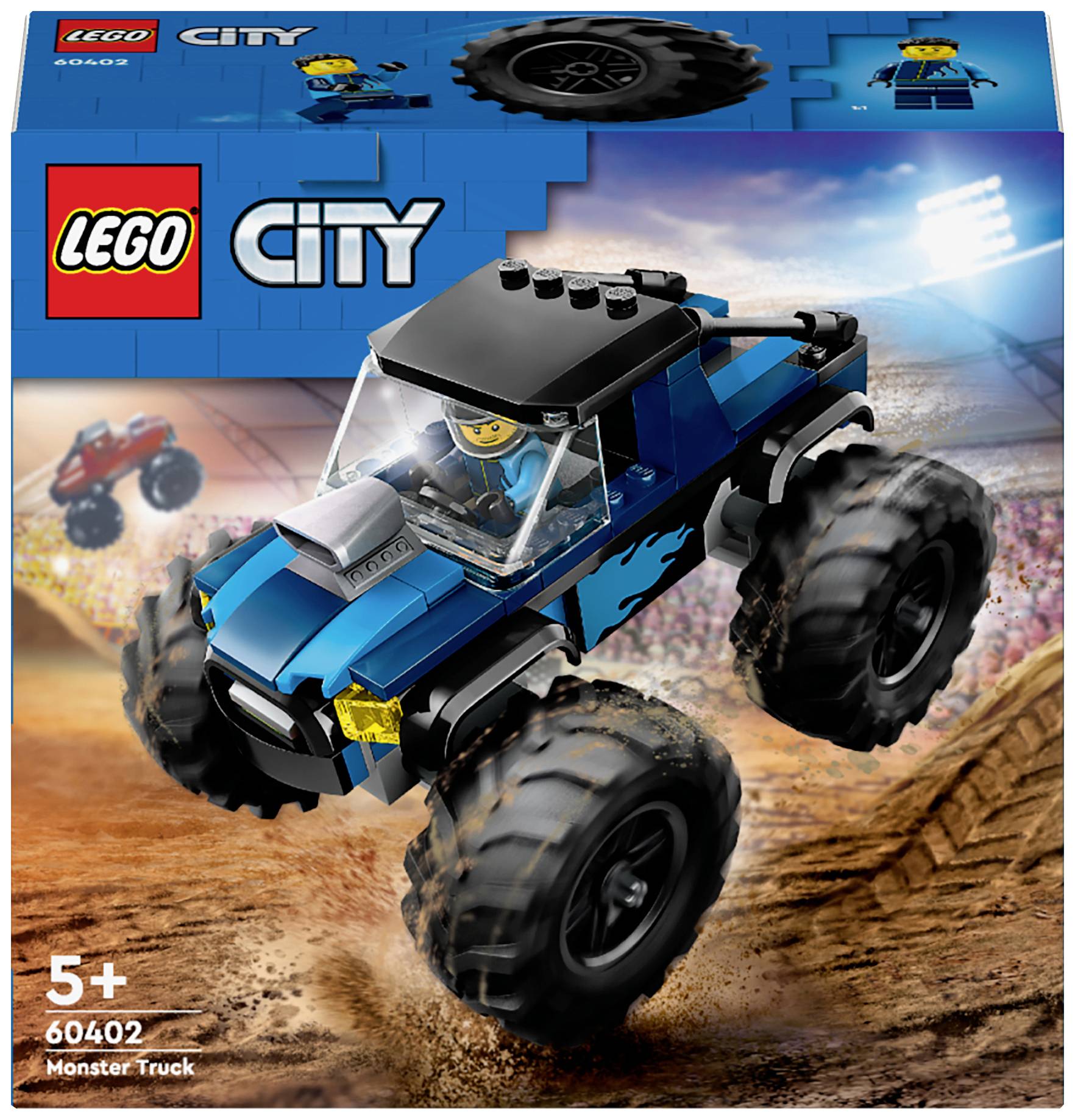 Kit giocattolo 'LEGO City Monster Truck' con camion blu, pista da corsa e pilota. Adatto a bambini dai 5 anni in su.