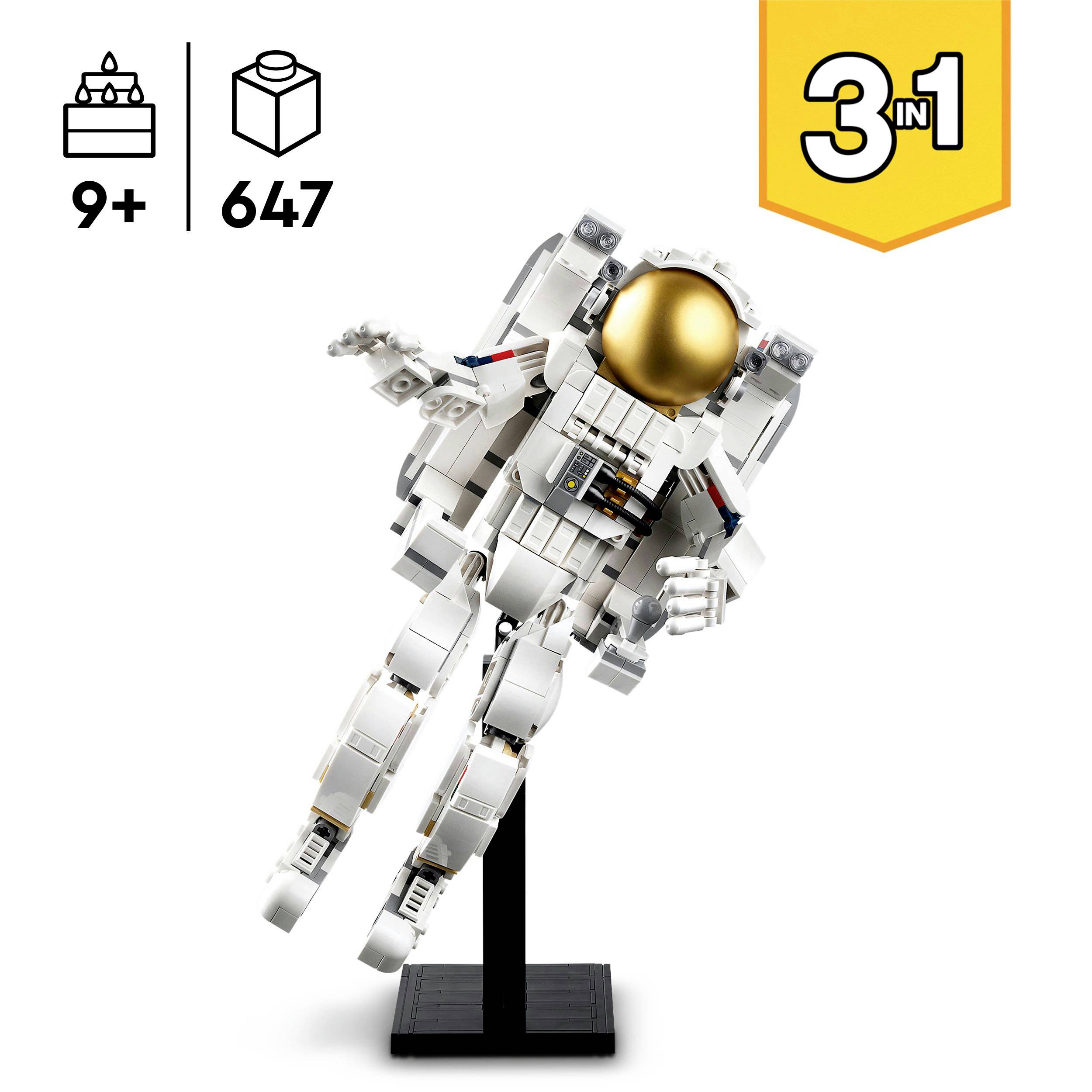 Un set Lego per bambini dai 9 anni in su, composto da 647 pezzi, raffigura un astronauta su una base nera.