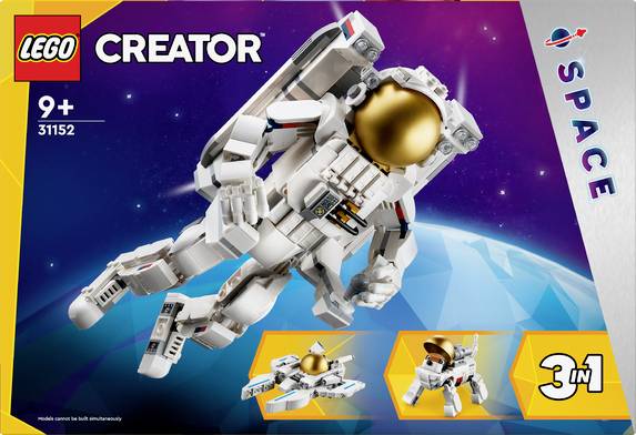 Kit LEGO per bambini dai 9 anni in su: Figura di astronauta in tuta spaziale sopra un pianeta con due opzioni di costruzione alternative.