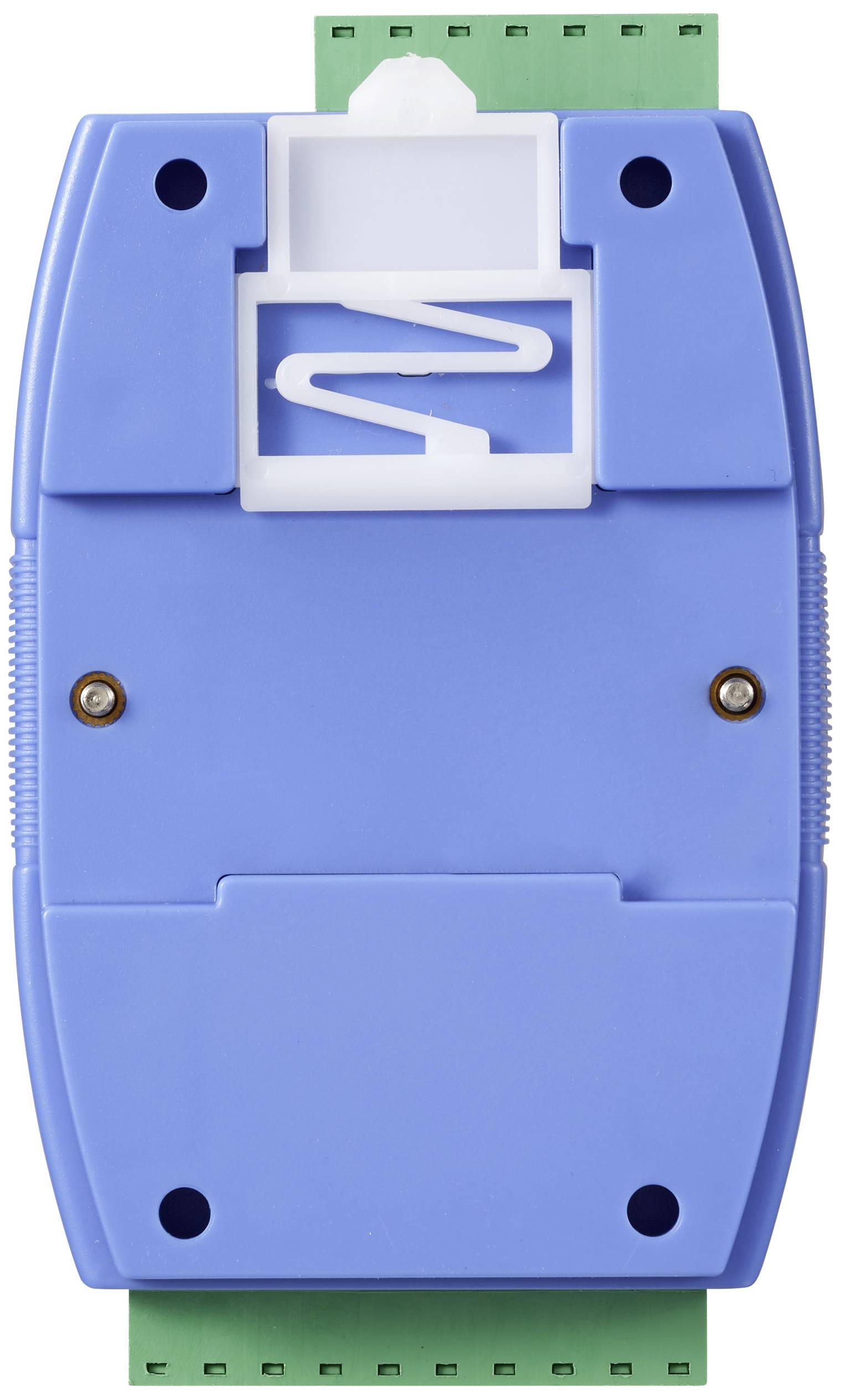 Un dispositivo elettrico blu con due viti, coperchio protettivo e una striscia verde sulla parte superiore e inferiore. Adatto per applicazioni industriali.