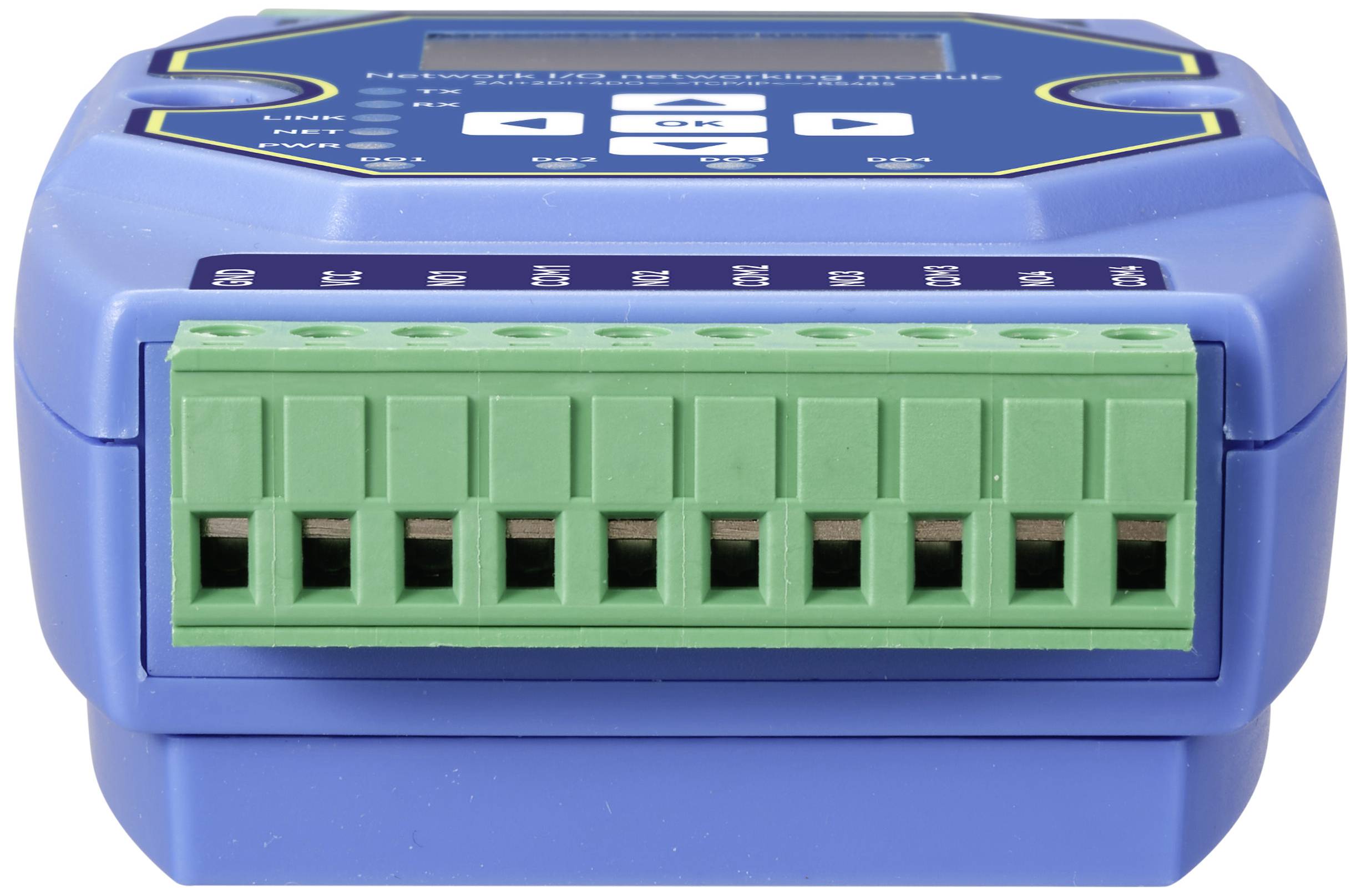 Un dispositivo elettronico blu con un display e morsetti di connessione verdi, probabilmente per connessioni elettriche o elettroniche.