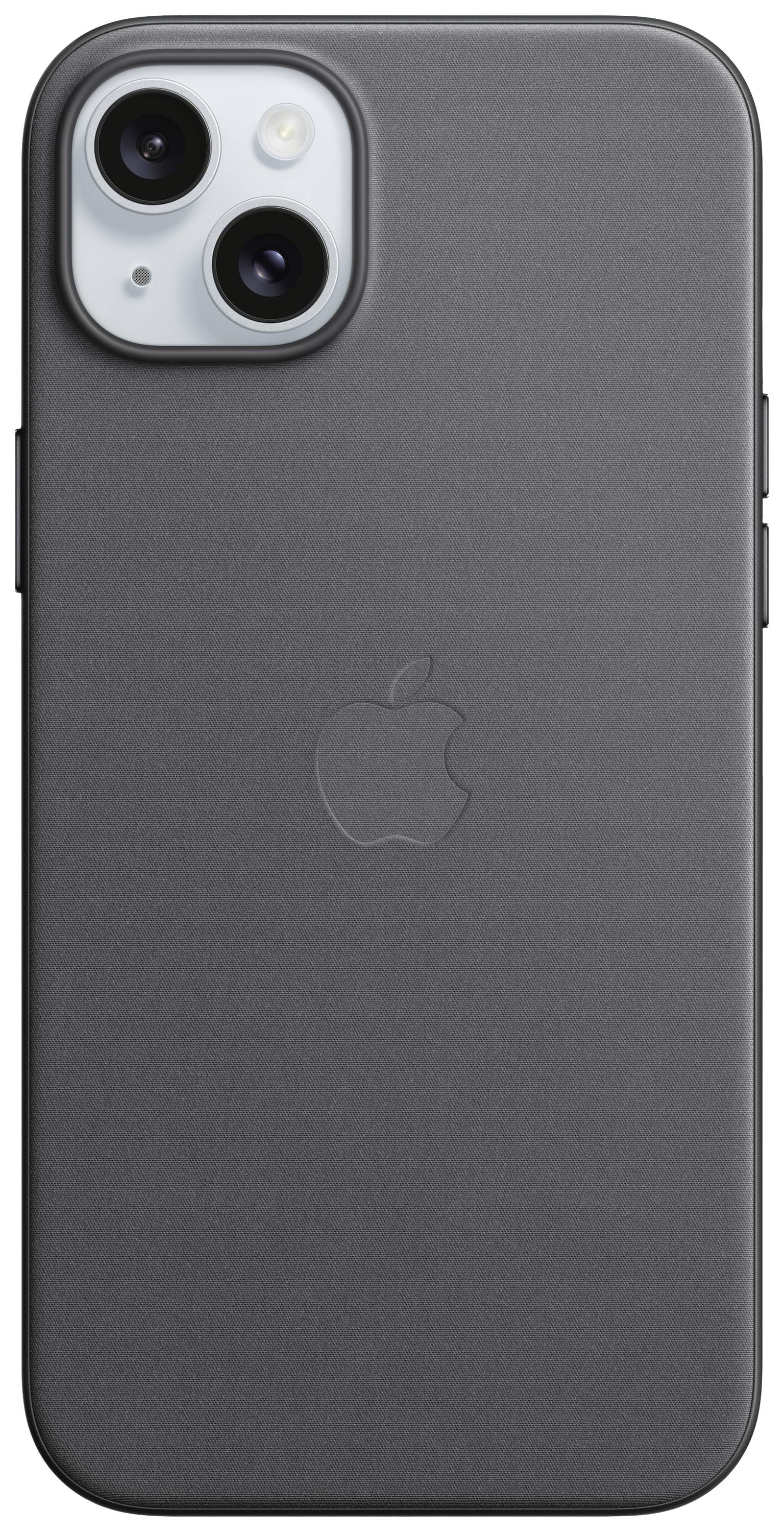 iPhone in una custodia grigio scuro, obiettivi della fotocamera e logo Apple visibili.