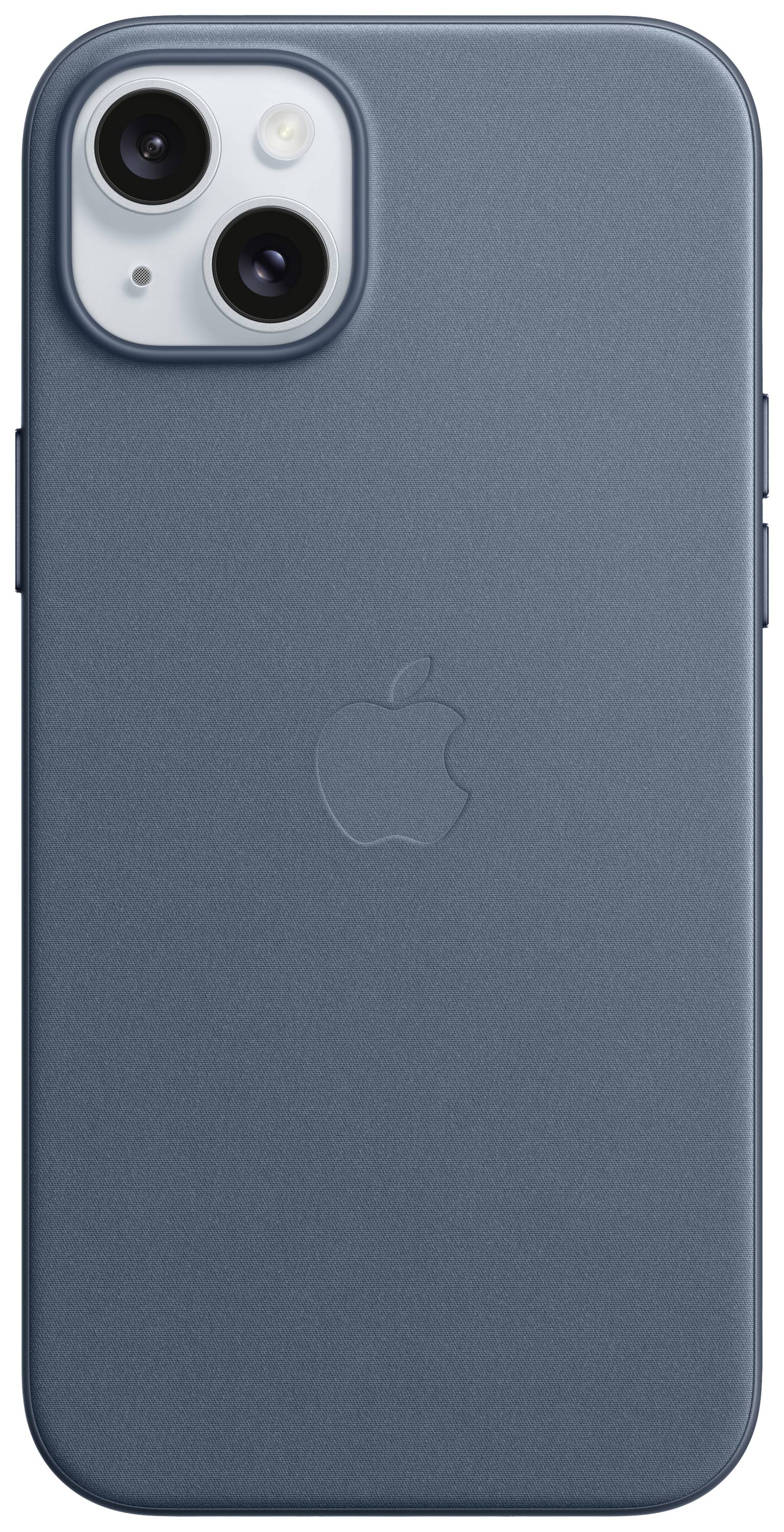 Un iPhone blu con due fotocamere sul retro. Il logo al centro mostra una mela mordicchiata.