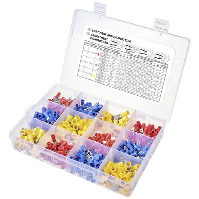 Una scatola di plastica aperta con 12 scomparti, riempita con connettori di cavi colorati. Il coperchio mostra una tabella con dettagli sui connettori.