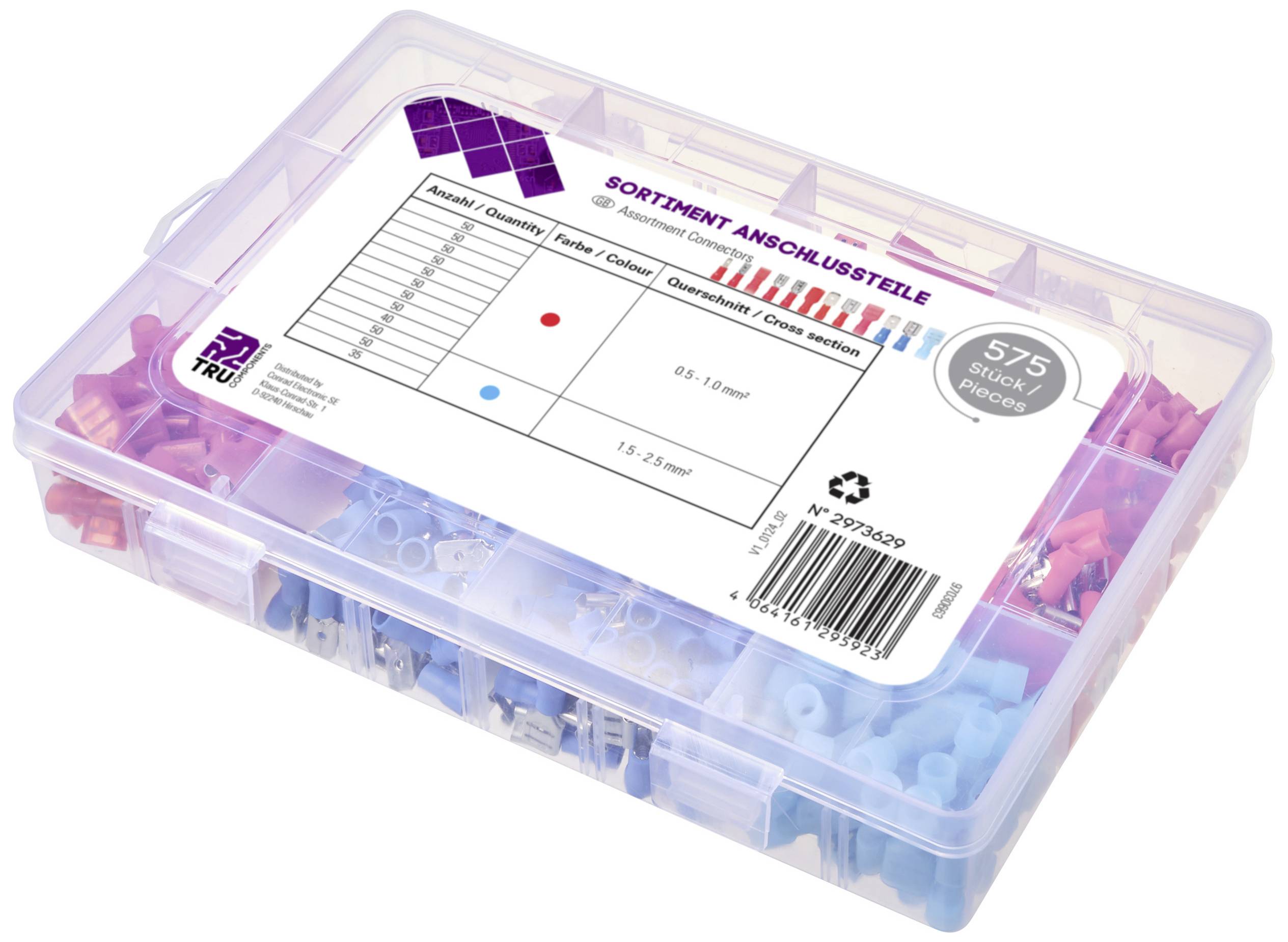 Scatola in plastica con 575 diversi componenti elettrici, ordinati in blu e rosso, etichettata 'ASSORTIMENTO COMPONENTI DI CONNESSIONE'.