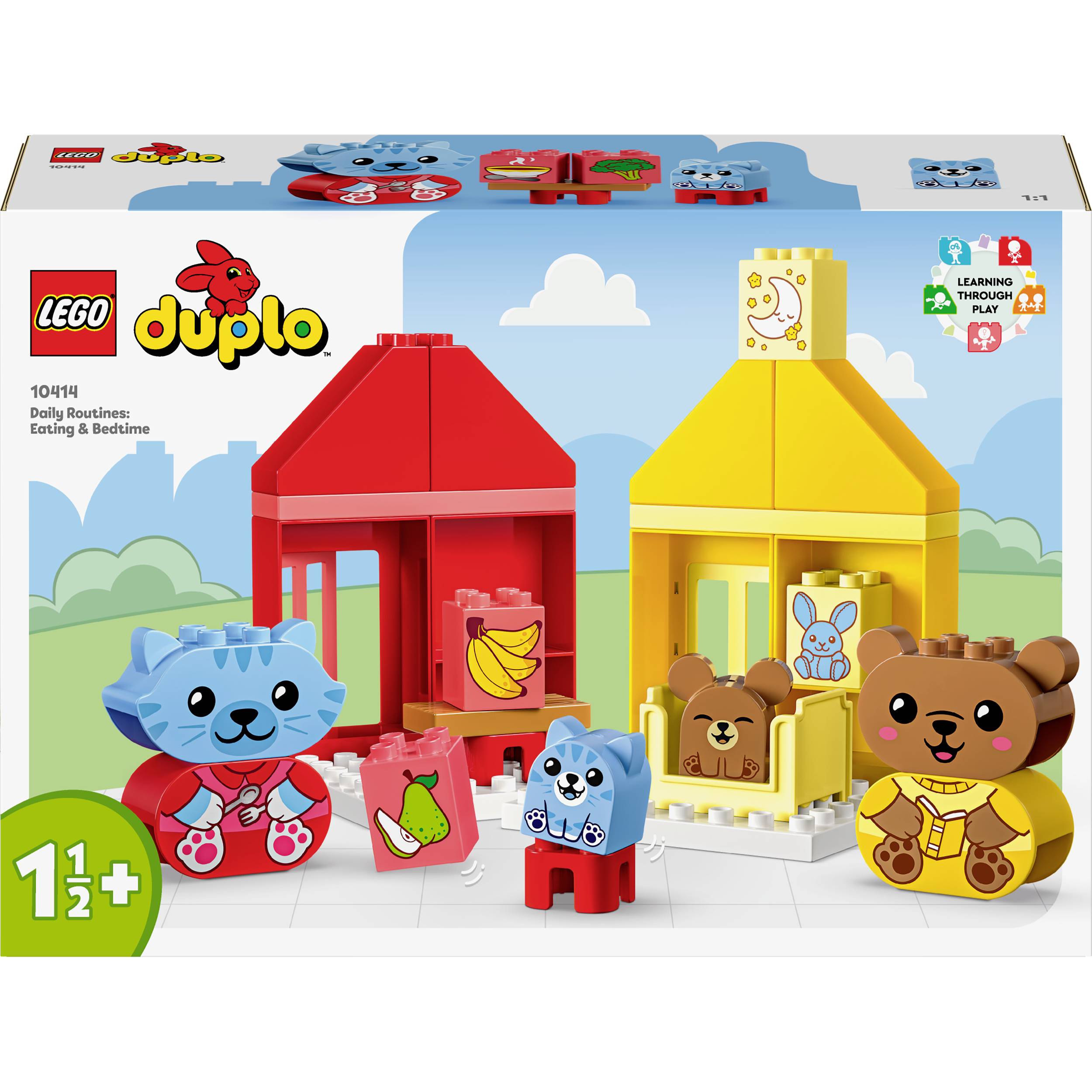 Set LEGO DUPLO 'Routine Quotidiane' con edifici rossi e gialli, animali e personaggi. Età consigliata da 1½ anni. Stimola il gioco di ruolo e l'apprendimento.