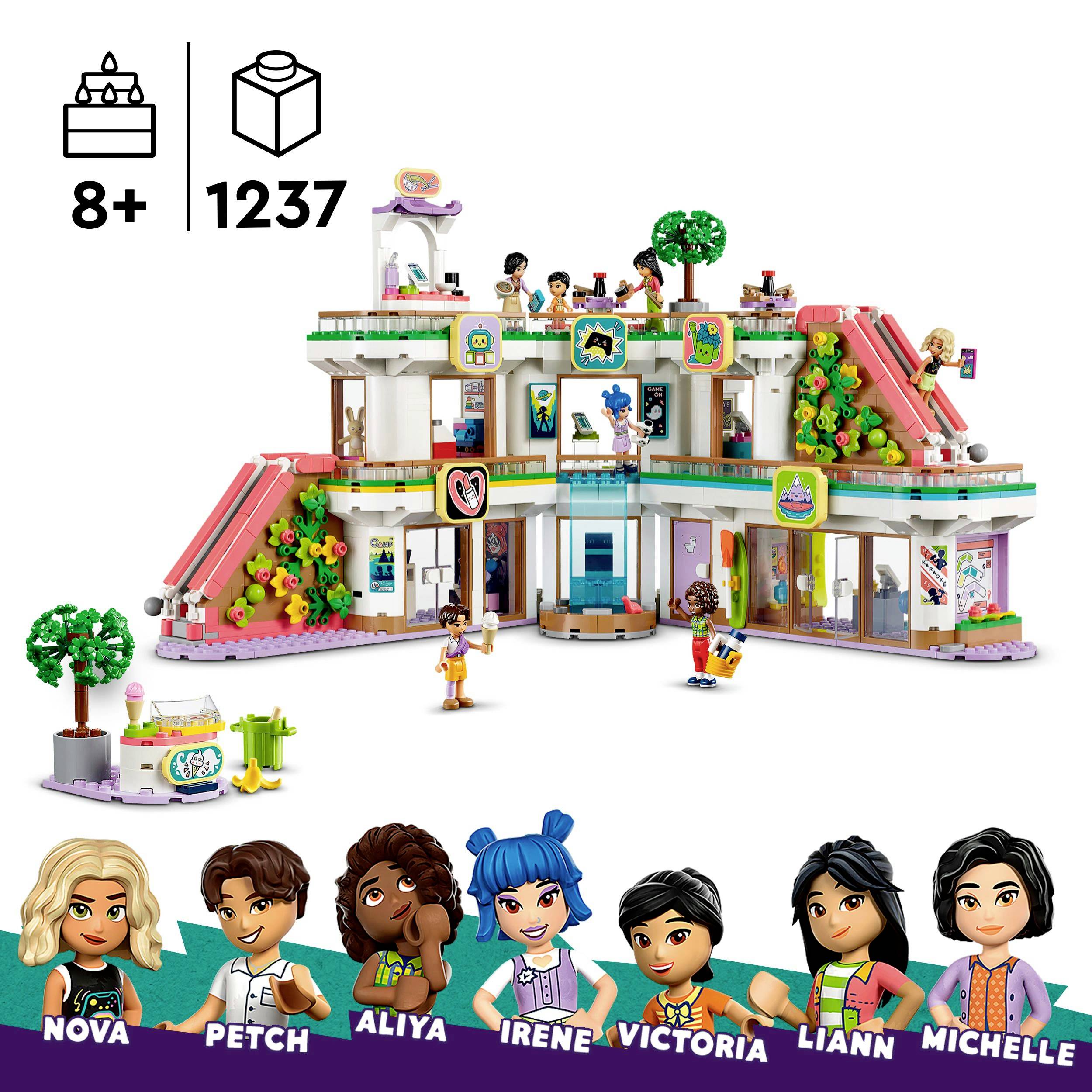 Un colorato set LEGO con una casa, personaggi, alberi e accessori. Consigliato per bambini dagli 8 anni, composto da 1237 pezzi.