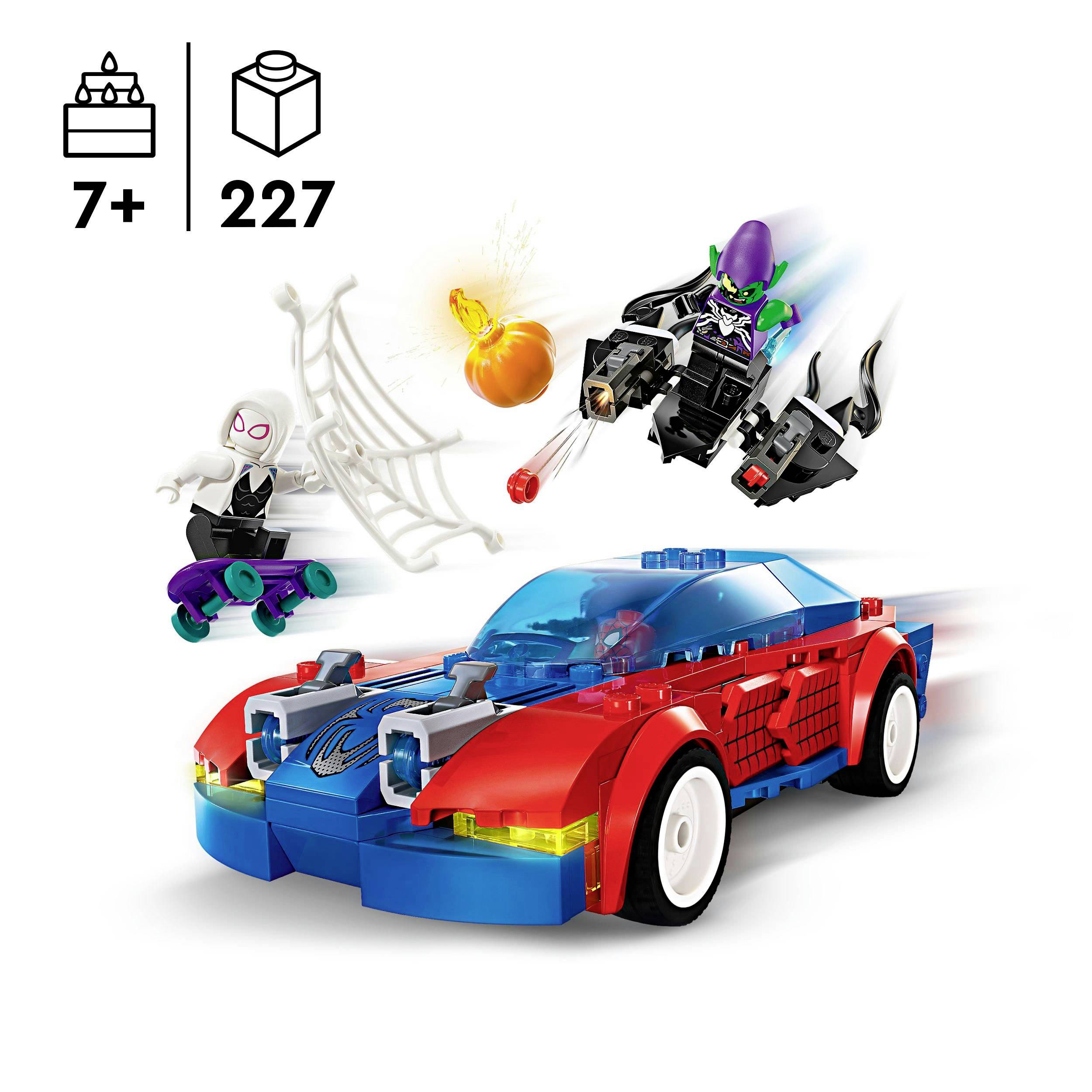 Kit per bambini dai 7 anni con 227 pezzi: Auto rossa, blu e figure con ragno e fiamma arancione.