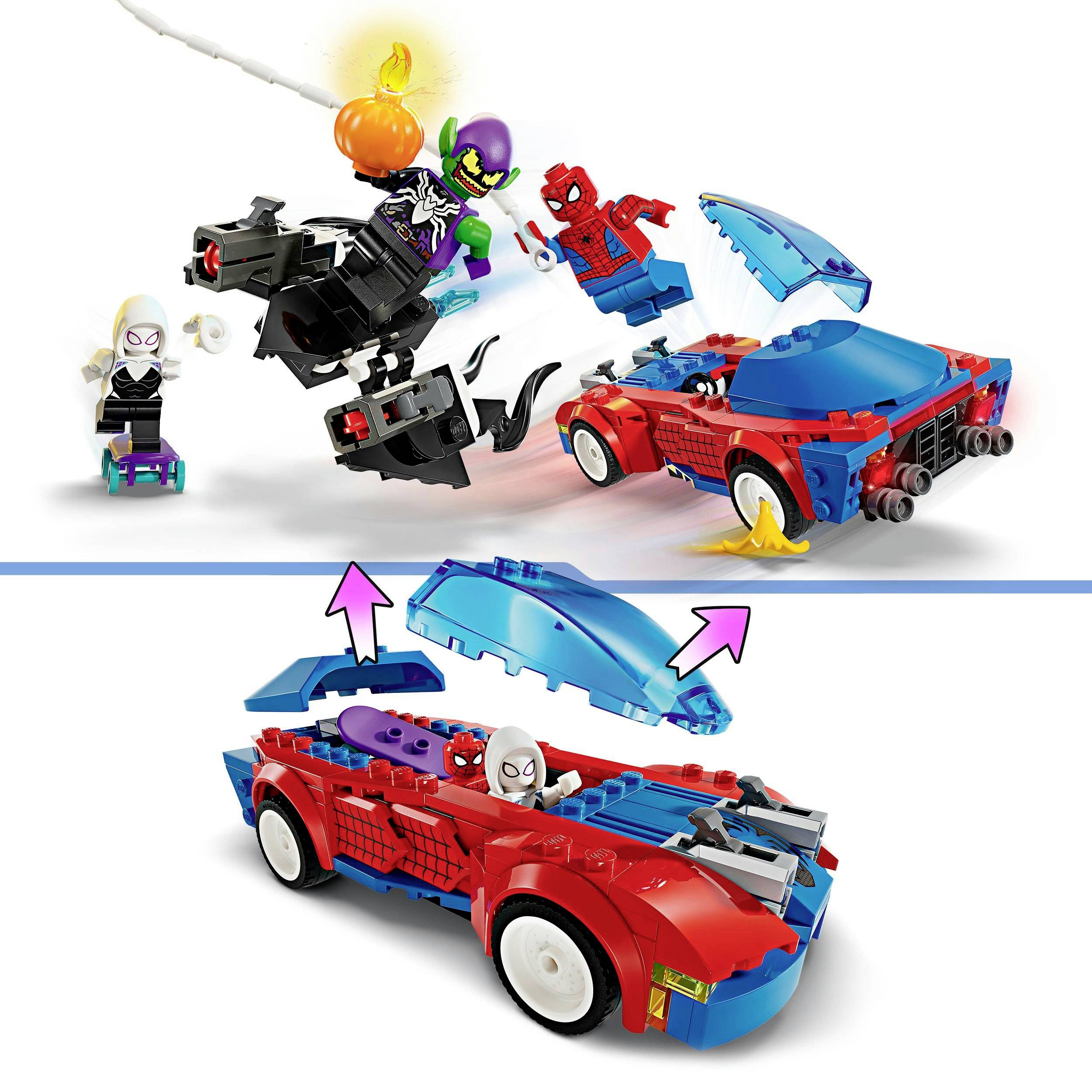 Una scatola di montaggio mostra una scena con una minifigura LEGO in un'auto rossa e blu e due figure in azione, tra cui un avversario che fluttua.
