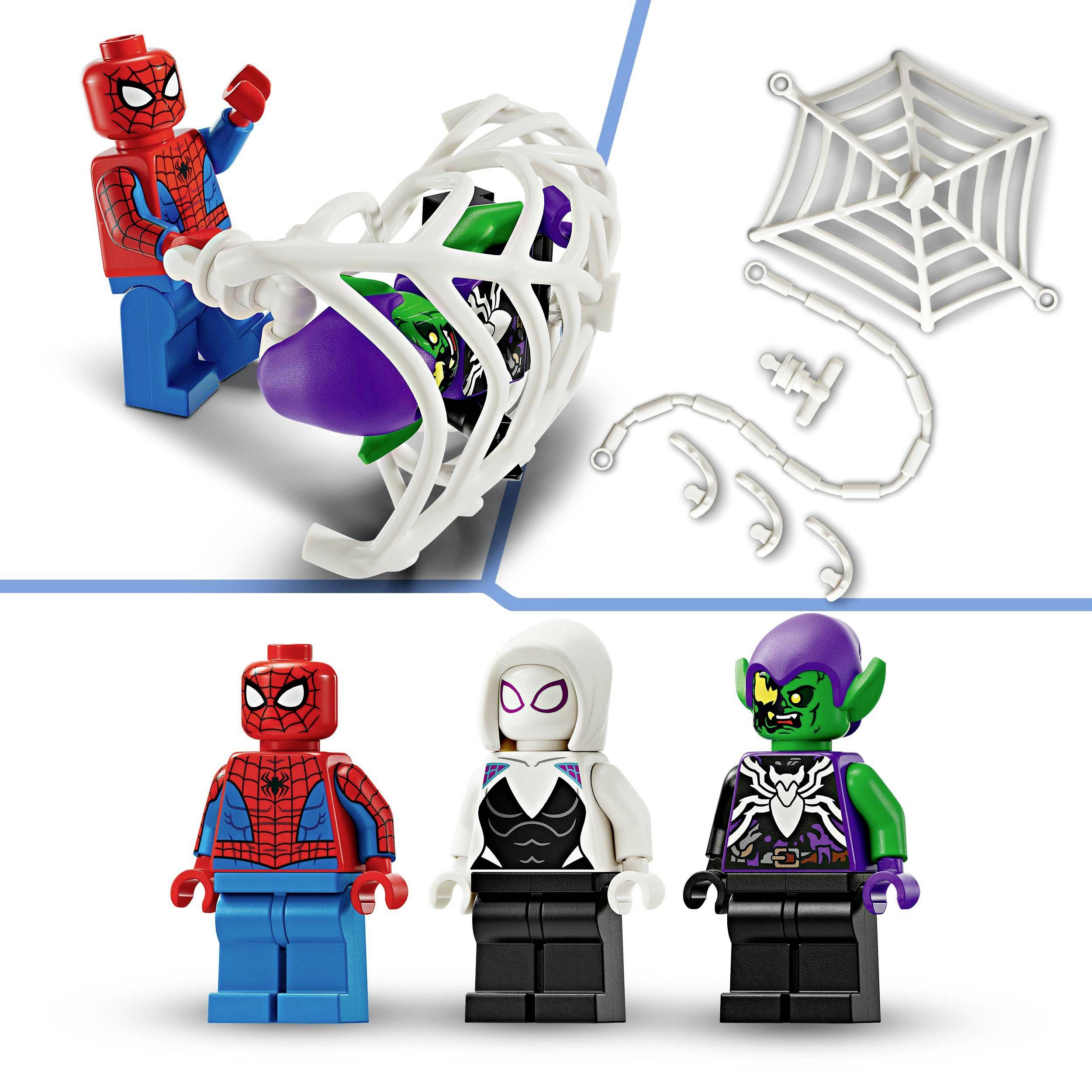 Due figure LEGO di supereroi in abiti blu e bianchi, insieme a un folletto verde intrappolato in una rete. In alto c'è una rete di ragnatele sciolta.