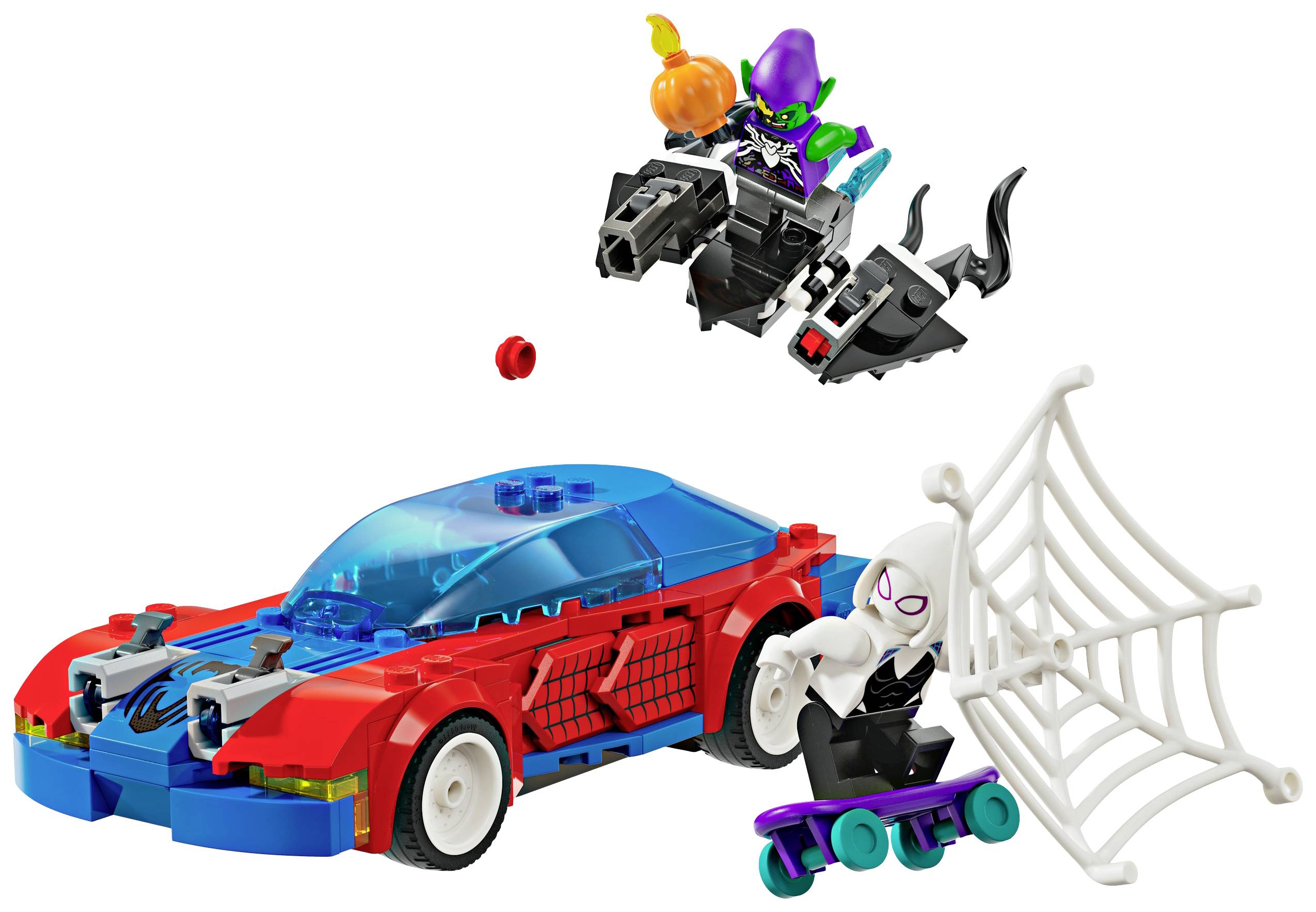 Macchina giocattolo LEGO con motivo a ragno e tetto blu. Due figure: una figura sospesa con una bomba a zucca e una figura su uno skateboard con ragnatela.