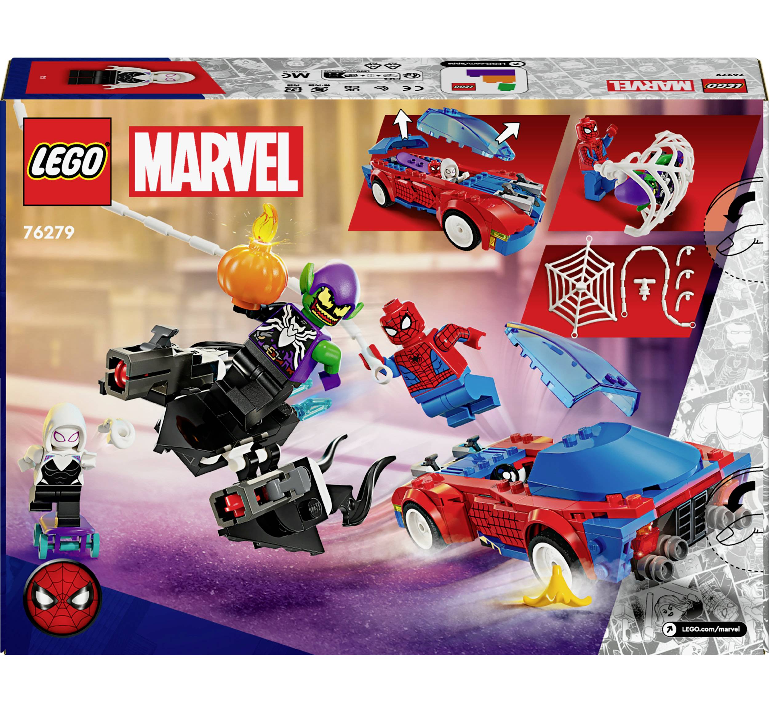 Set LEGO Marvel con tre personaggi e auto rossa. Spider-Man combatte contro un cattivo su un aliante volante. Inclusi accessori.