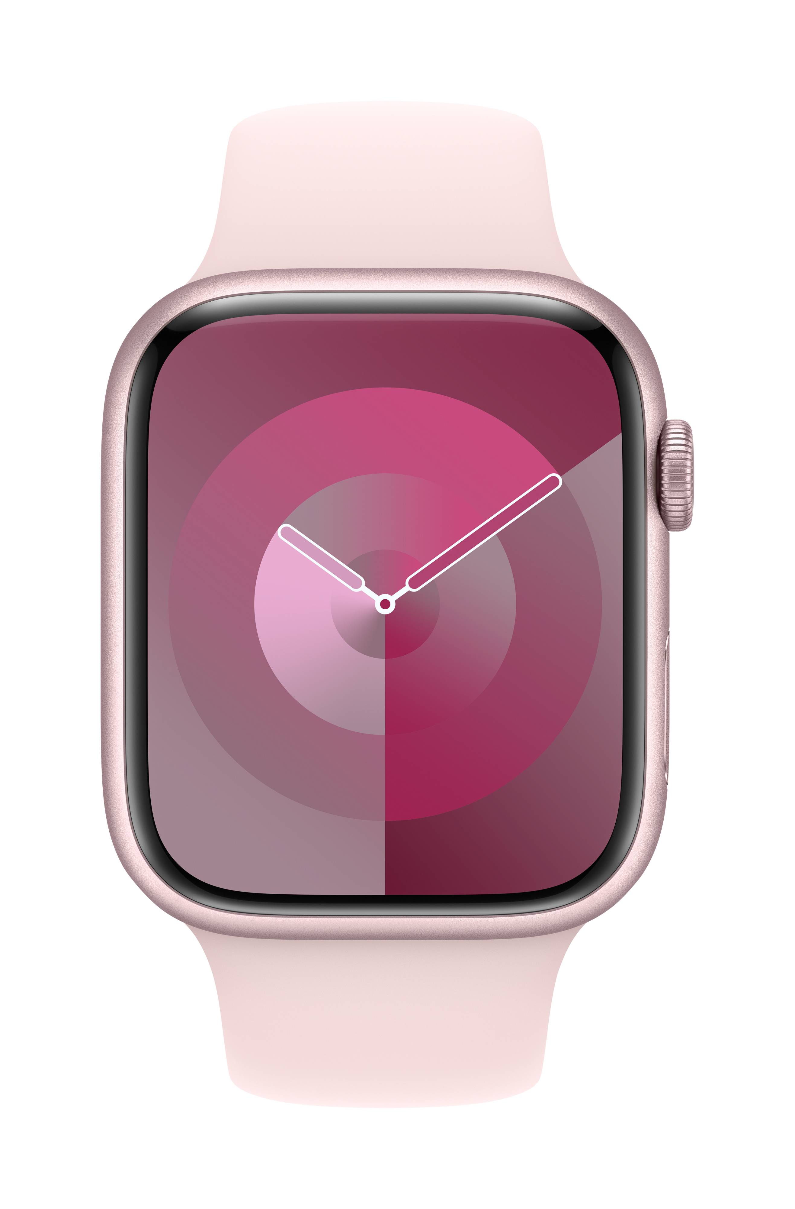 Un orologio intelligente con quadrante rosa e un cinturino color pastello mostra l'ora 10:10.