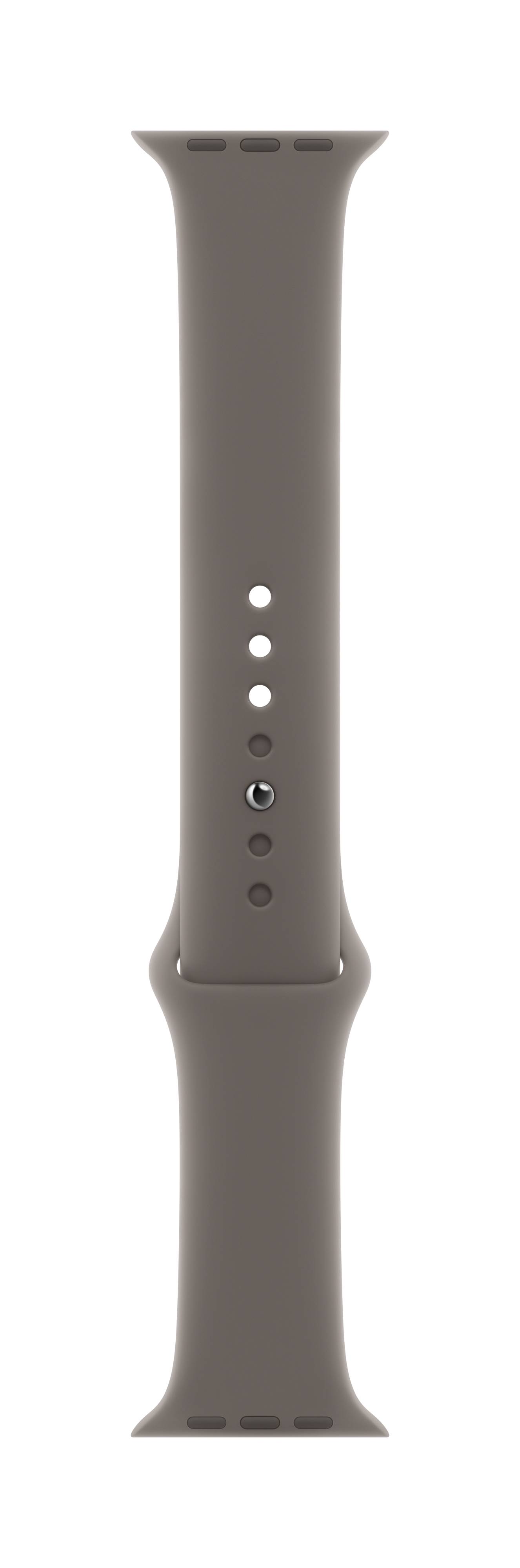 Un cinturino grigio per smartwatch con diversi fori per regolare la dimensione, raffigurato su sfondo bianco.