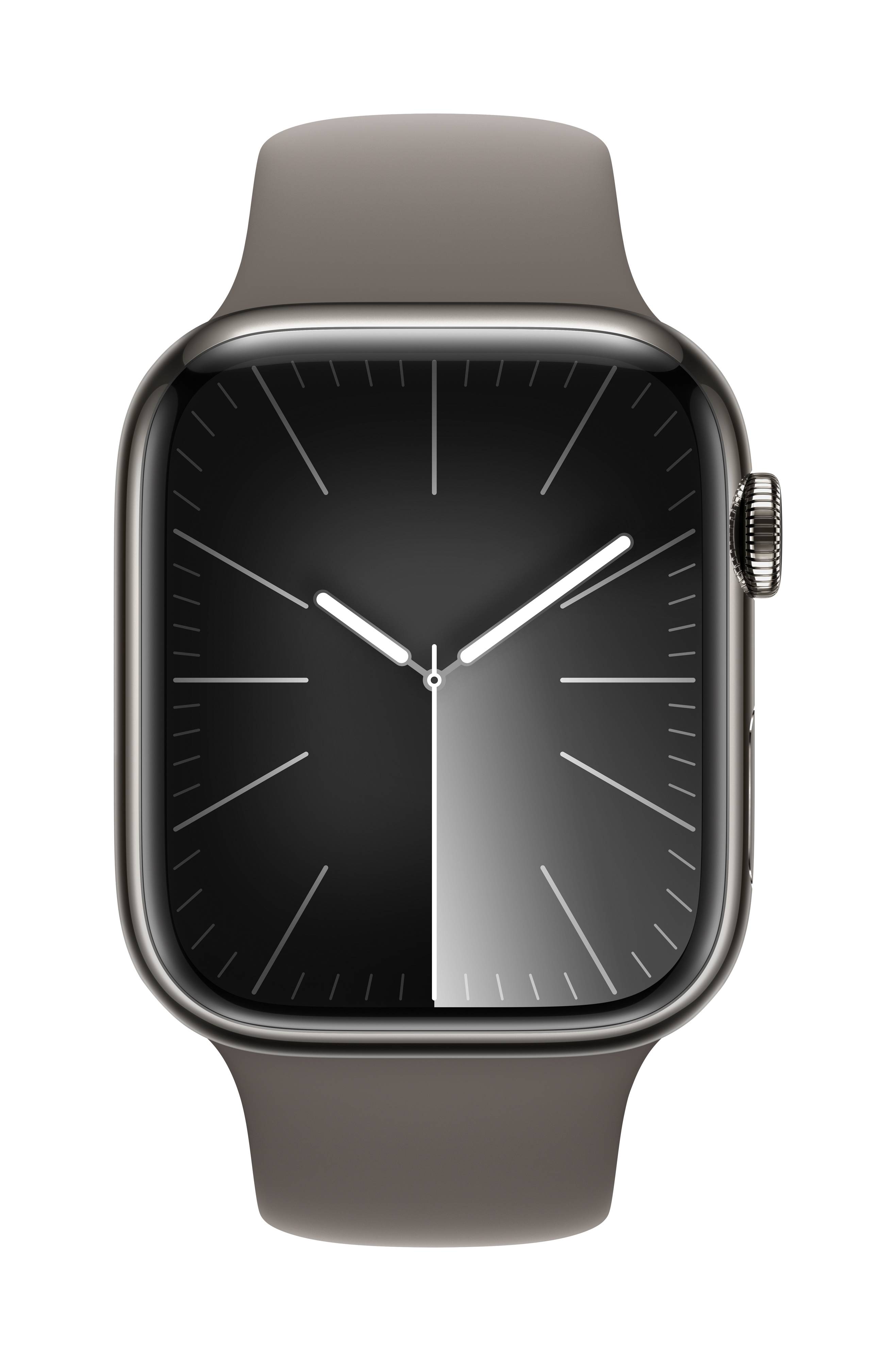 Un orologio digitale da polso con un quadrante nero e un cinturino grigio mostra le 10:10.