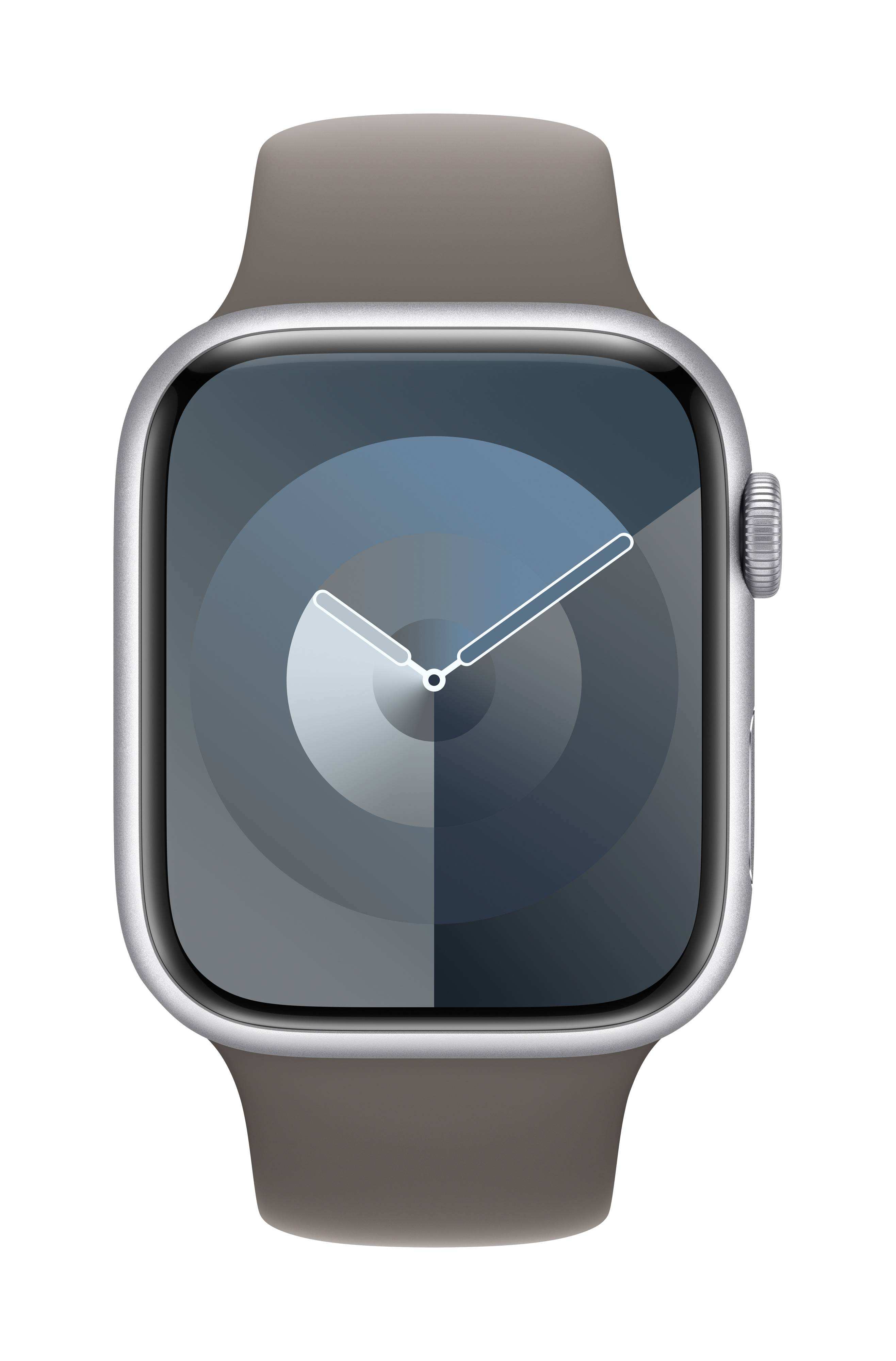 Un smartwatch con quadrante rotondo che mostra l'ora analogica. Il cinturino è grigio scuro.